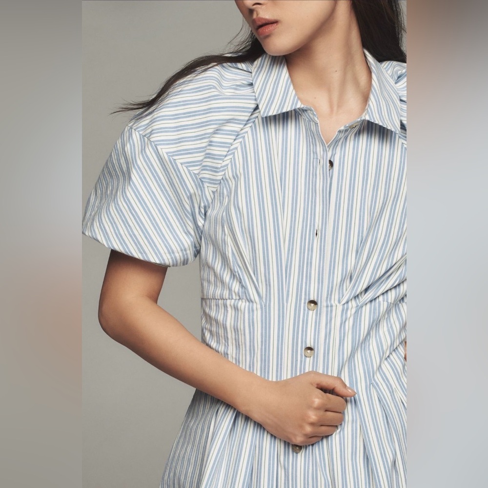 ✨ Anthropologie Puff-Sleeve Mini Shirt Dress Sz L - Picture 3 of 11